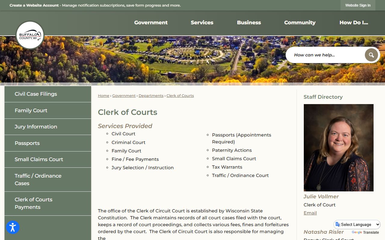 Buffalo County court records Clerk of Courts page with WCCA and copy fees