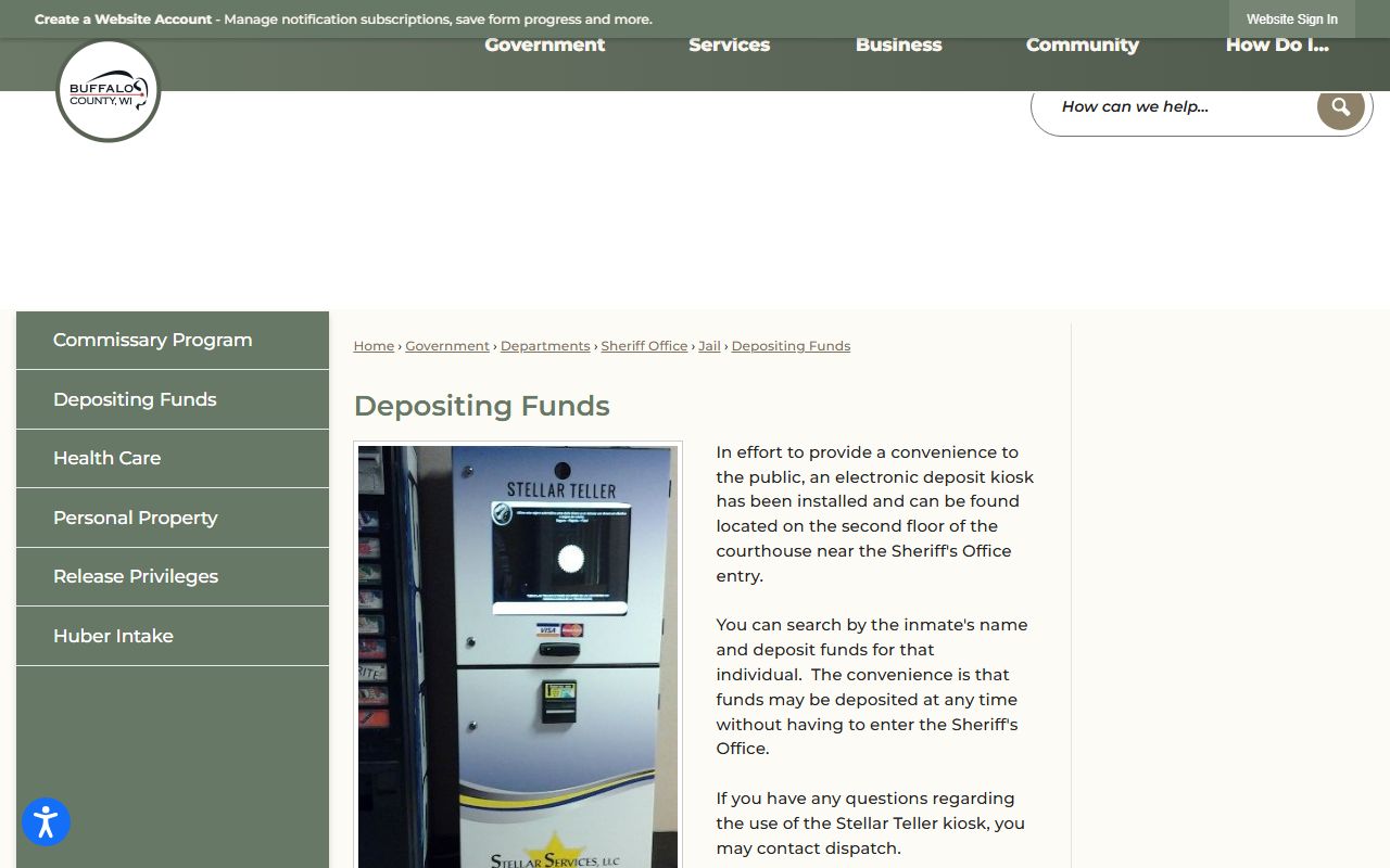 Buffalo County Jail inmate money deposit kiosk screenshot