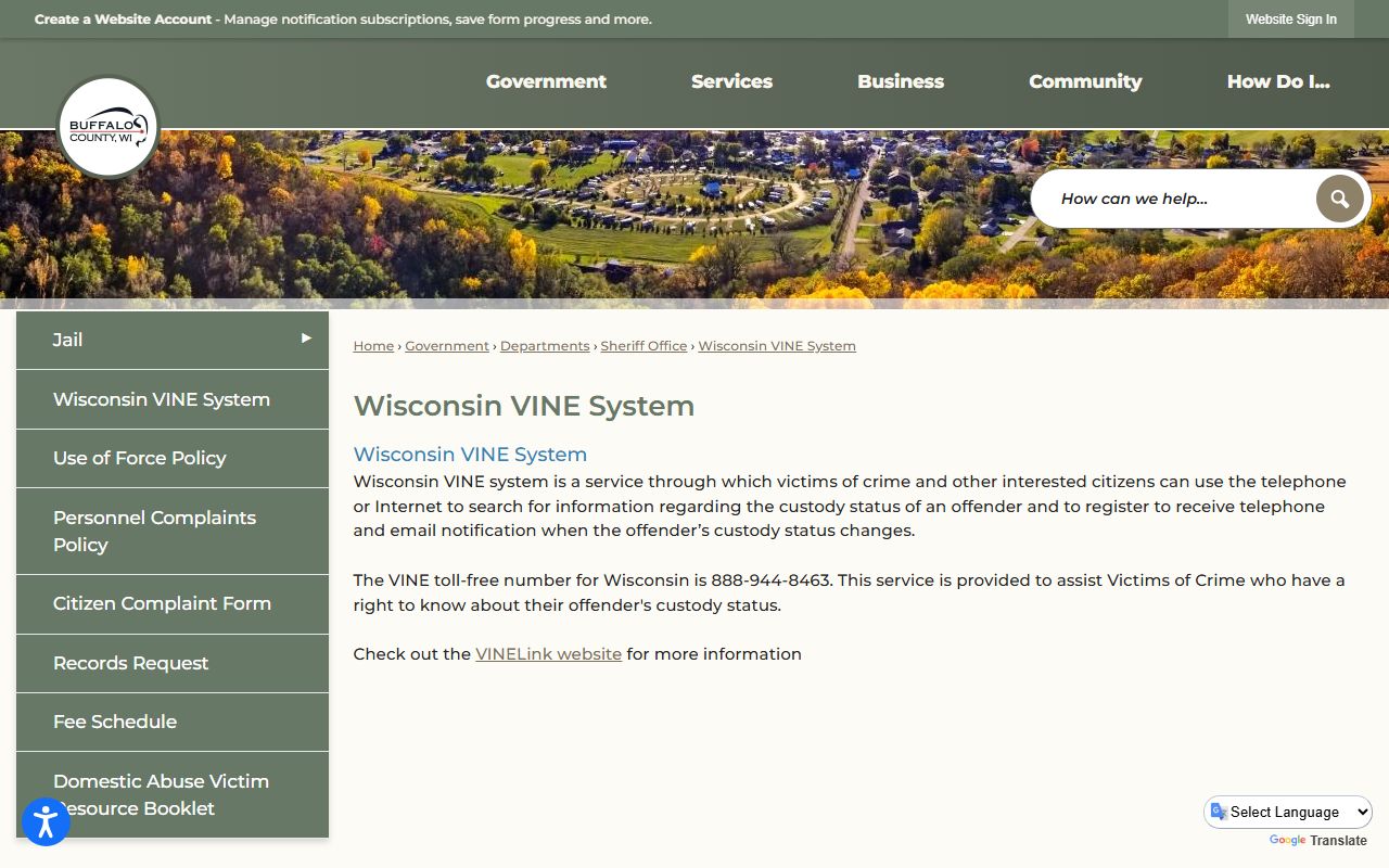 Buffalo County inmate population VINE custody status screenshot