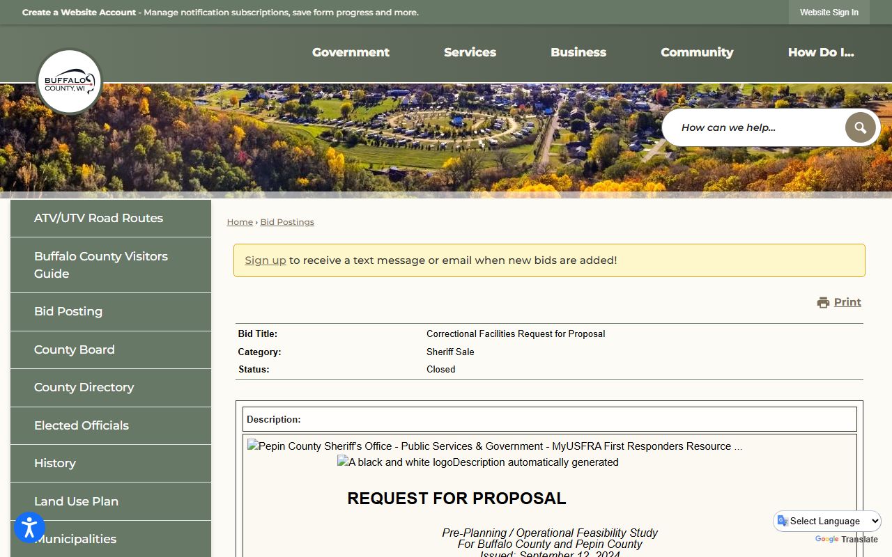 Buffalo County inmate population facility planning RFP screenshot